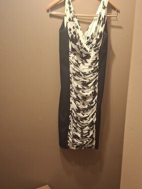 White House Black Market Black & White Ruched V-Neck Midi Dress with Print Panel
